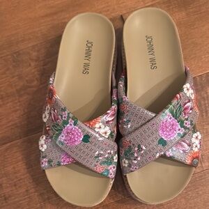 Johnny Was Pink and Green Slide Sandals with Embellished Straps